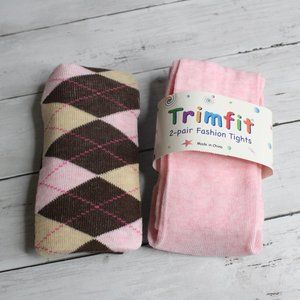 Trimfit Girl's Knit Tights Youth Size 4-6 Pink Brown Argyle